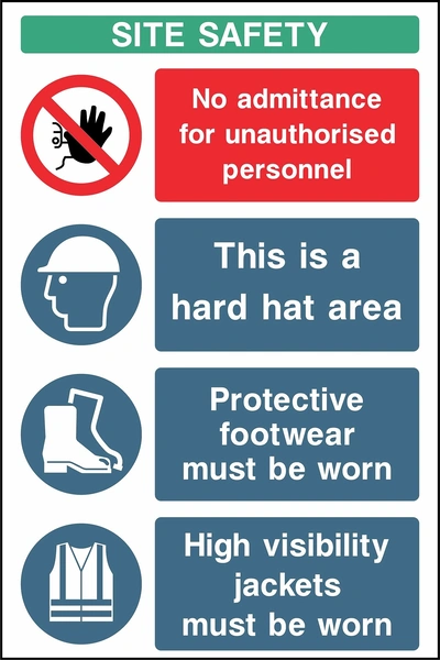 Portrait site safety board with no unauthorised admittance, hard hat area, protective footwear and high visibility jacket instructions. CONS0013 artwork.