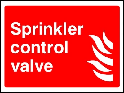 Sprinkler control valve sign showing sprinkler valve identification with flame pictogram. Artwork FEQP0047.