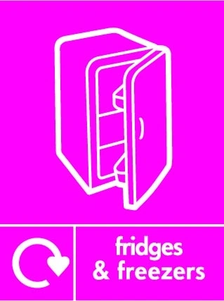 Fridges & freezers sign showing white fridge pictogram with recycling arrow beside wording on magenta background. Artwork ELEC0120.