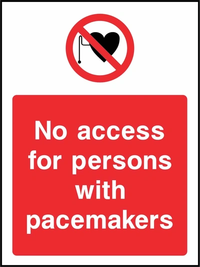 No access for persons with pacemakers sign showing red pacemaker prohibition symbol above wording. Artwork ACCE0040.