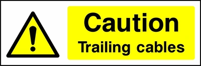 Caution — Trailing cables sign showing yellow exclamation warning pictogram beside wording. Artwork GENE0040.