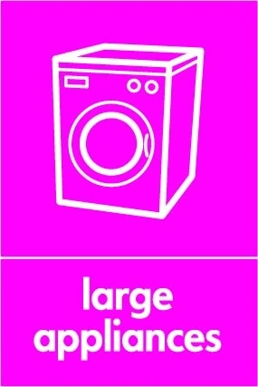 Large appliances sign showing white washing machine pictogram above wording on magenta background. Artwork ELEC0083.