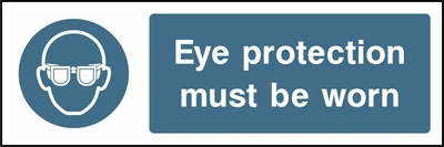 Eye protection must be worn sign showing blue safety glasses pictogram beside wording. Artwork PPE0004.