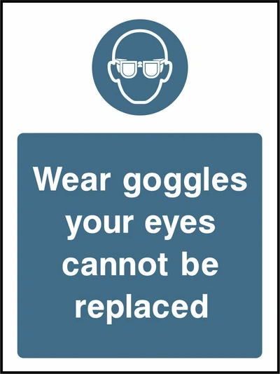 Wear goggles your eyes cannot be replaced sign showing blue safety glasses pictogram above wording. Artwork PPE0029.
