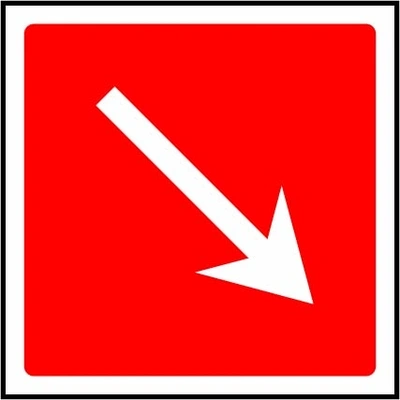 Fire equipment direction — Down right sign showing white down-right arrow on red. Artwork FEQP0059.