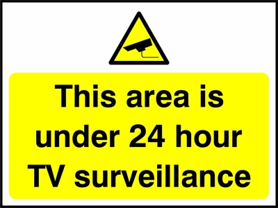 This area is under 24 hour TV surveillance sign. yellow pictogram and text panel. Artwork SECU0050.