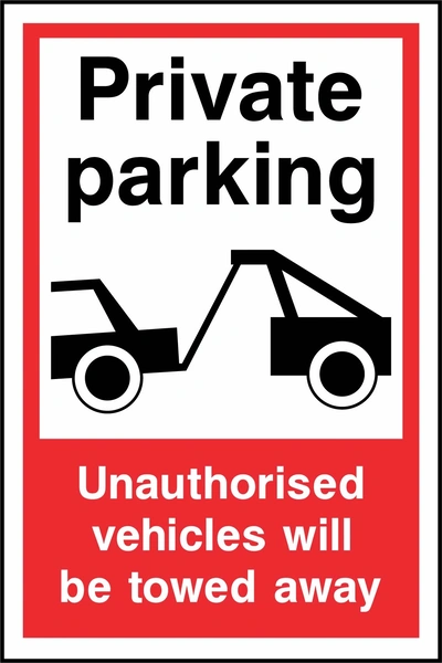 Private parking — Unauthorised vehicles will be towed away sign. tow-truck pictogram with red-and-white wording. Supplied artwork PARK0081.