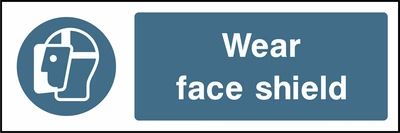 Wear face shield sign showing blue face shield pictogram beside wording. Artwork PPE0001.