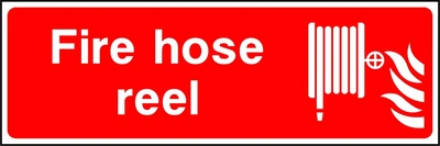 Fire hose reel sign showing hose reel and flame pictograms beside wording. Artwork FEQP0029.