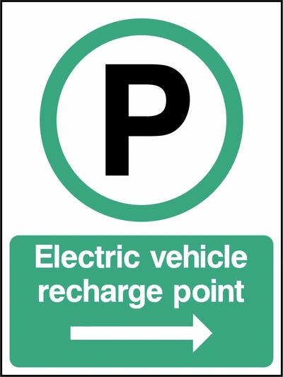 Electric vehicle recharge point — Right arrow sign. green-and-white electric vehicle parking pictogram and wording. Supplied artwork PARK0089.