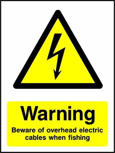 Warning — Beware of overhead electric cables when fishing sign showing yellow electrical lightning bolt warning triangle above wording. Artwork ELEC0061.