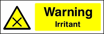 Warning — Irritant sign with yellow triangular black cross pictogram beside wording. Artwork CHEM0018.