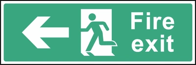 Green and white Fire exit sign with a left arrow and running-person escape symbol. Letterbox artwork EMER0003.