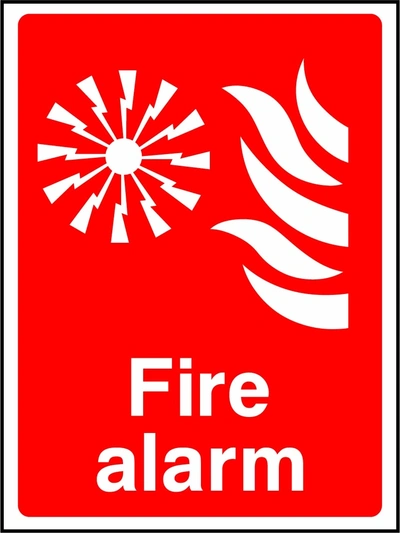 Fire alarm sign showing radiating alarm and flame pictograms. Artwork FEQP0012.