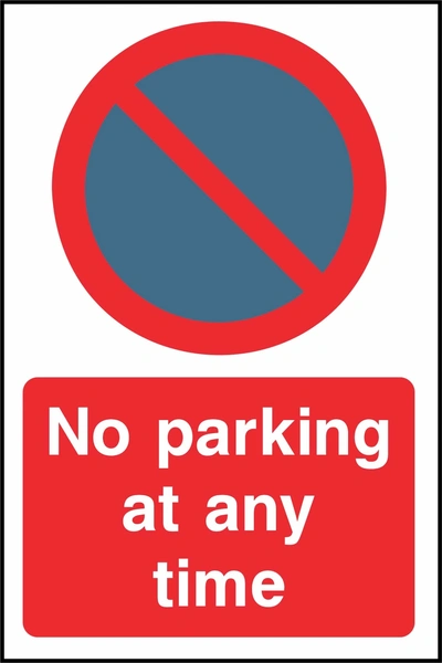 No parking at any time sign. red-and-blue no-parking pictogram and wording. Supplied artwork PARK0070.