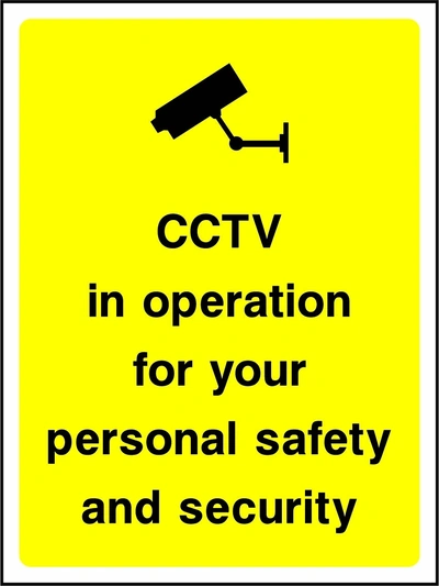 CCTV in operation for your personal safety and security sign. black CCTV camera pictogram and wording on a yellow panel. Artwork SECU0009.