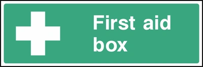 First aid box sign showing white cross and equipment identification. Artwork FAID0032.