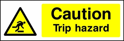 Yellow and black sign with a tripping person pictogram and Caution — Trip hazard wording. CONS0041 artwork.