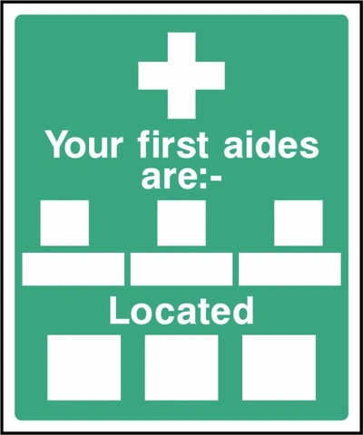 Your first aides are — Located sign showing blank contact and location panels. Artwork FAID0009.