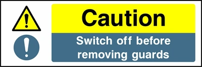 Caution — Switch off before removing guards. Stacked message panels. Artwork MULT0007.
