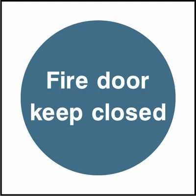 Fire door keep closed sign showing blue circular mandatory wording. Artwork FPRV0020.