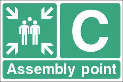 C — Assembly point sign showing assembly point C with group and inward arrows. Artwork EMER0089.
