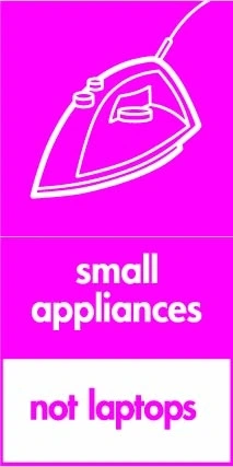Small appliances — Not laptops sign showing white iron pictogram with exclusion footer on magenta background. Artwork ELEC0099.