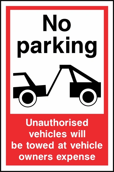No parking — Unauthorised vehicles will be towed at vehicle owners expense sign. tow-truck pictogram with red-and-white wording. Supplied artwork PARK0077.