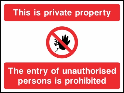 Red message panels and a raised-hand prohibition symbol with This is private property — The entry of unauthorised persons is prohibited wording. CONS0085 artwork.