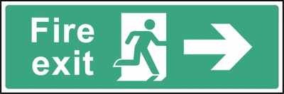Green and white Fire exit sign with a right arrow and running-person escape symbol. Letterbox artwork EMER0004.