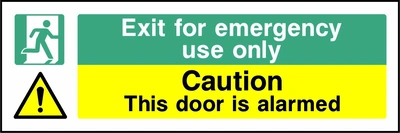 Green and yellow Exit for emergency use only — Caution — This door is alarmed sign showing a running-person symbol and an exclamation-mark warning symbol. Artwork EMER0047.