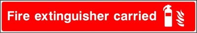 Fire extinguisher carried sign showing extra-wide vehicle equipment label. Artwork FEQP0043.