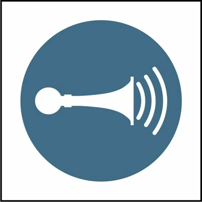 Sound horn pictogram sign showing white horn and sound waves pictogram in blue circle. Artwork MACH0054.