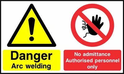 Danger — Arc welding — No admittance authorised personnel only. Side-by-side panels. Artwork MULT0050.