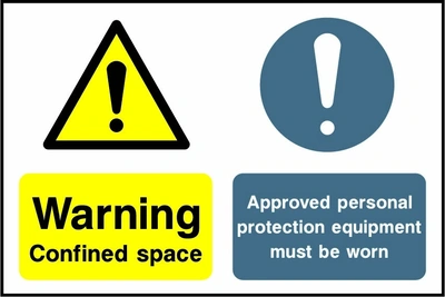 Warning — Confined space — Approved personal protection equipment must be worn. Side-by-side panels. Artwork MULT0016.