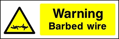 Warning — Barbed wire sign. yellow-and-black warning or coloured access panels. Artwork SECU0013.