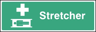 Stretcher sign showing stretcher pictogram and white cross. Artwork FAID0025.