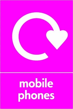 Mobile phones sign showing white recycling arrow above wording on magenta background. Artwork ELEC0074.