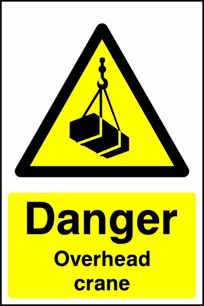 Yellow and black sign with a suspended load pictogram and Danger — Overhead crane wording. CONS0028 artwork.