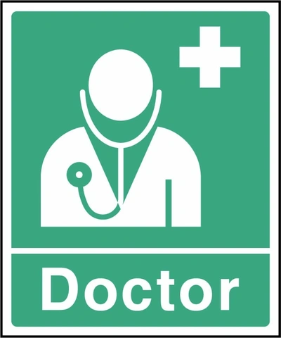 Doctor sign showing doctor with stethoscope and white cross. Artwork FAID0005.