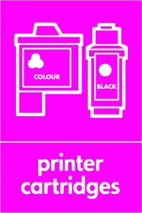 Printer cartridges sign showing white printer cartridges pictogram above wording on magenta background. Artwork ELEC0089.