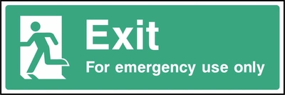Green and white Exit — For emergency use only sign showing a left-facing running-person symbol. Artwork EMER0045.