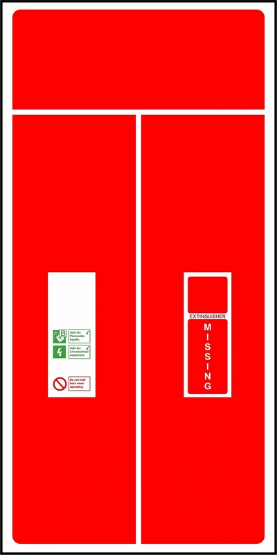 EXTINGUISHER MISSING — Do not hold horn when operating sign showing collated horn caution and missing-equipment panels with blank header. Artwork FEQP0062.