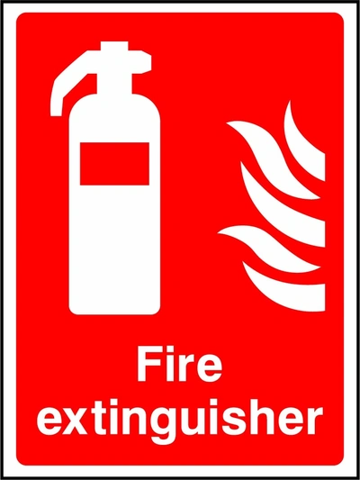Fire extinguisher sign showing extinguisher pictogram above wording. Artwork FEQP0007.