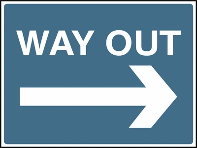 Way Out — Right arrow sign. blue-grey background with white lettering. Supplied artwork PARK0007.