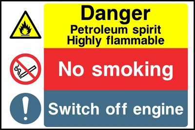Danger — Petroleum spirit highly flammable — No smoking — Switch off engine. Stacked message panels. Artwork MULT0025.
