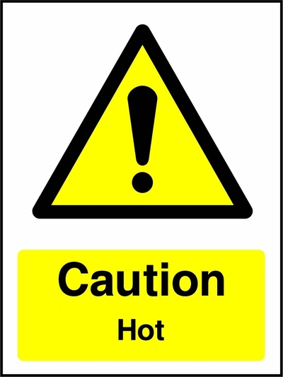 Caution — Hot sign showing yellow exclamation warning pictogram above wording. Artwork GENE0056.