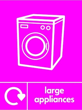 Large appliances sign showing white washing machine pictogram with recycling arrow beside wording on magenta background. Artwork ELEC0121.