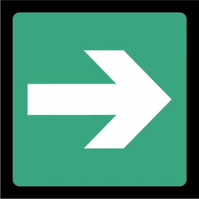 Green and white Emergency escape arrow — Right sign showing right arrow pictogram. Artwork EMER0054.