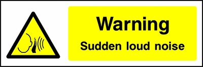 Warning — Sudden loud noise sign showing yellow ear and sound waves warning pictogram beside wording. Artwork GENE0046.